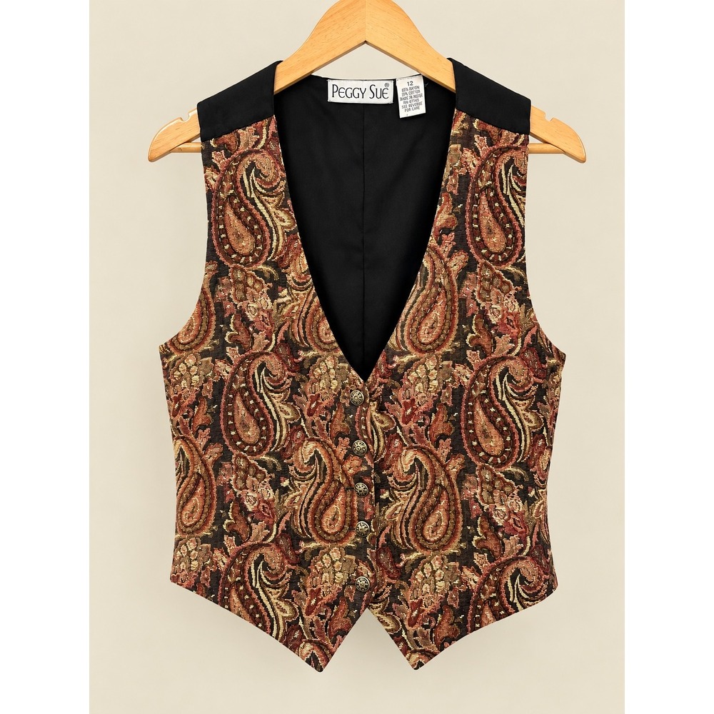 Peggy Sue VTG Tapestry Paisley Beaded Vest Festival Fairy Boho Sz 12 Grandmacore